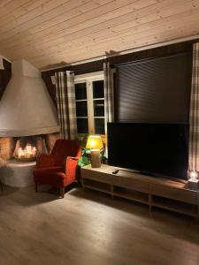 a living room with a large television and a fireplace at Cabin Lyseren in Omberg