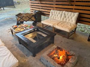 a fire pit with a couch and a table with food at グランコテージベンガルの森 in Nasu
