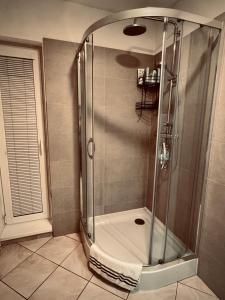 a shower with a glass door in a bathroom at Jarmočná Apartmán in Stará Ľubovňa