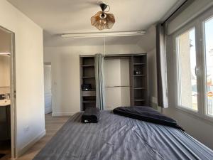 a bedroom with a bed and a ceiling fan at Appartement Cosy Trelazé in Trélazé +1 photo