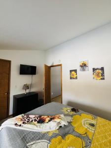 ein Schlafzimmer mit einem Bett und einem Fernseher an der Wand in der Unterkunft Falling Timber- A Frank Lloyd Wright Inspired Staycation in Canton