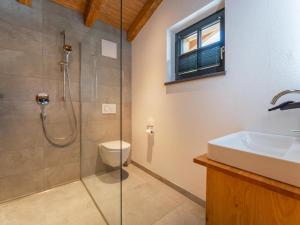 a bathroom with a shower and a toilet and a sink at Pinzgau Lodge 1A in Wald im Pinzgau +32 photos