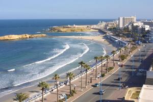 a view of a beach with palm trees and the ocean at Great duplex in Monastir in Monastir