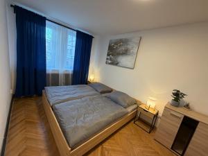 a bedroom with a bed and a large window at Duchcov Apartments in Teplice