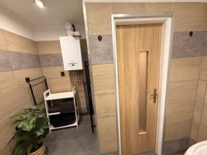 a bathroom with a door and a table and a plant at Duchcov Apartments in Teplice +12 photos