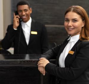 a woman standing next to a piano with a man talking on a cell phone at The 506 Hotel in Midrand