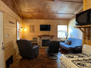 a living room with a couch and a fireplace at Last Spike Lodging in Malakwa