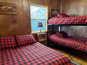 a bedroom with two bunk beds and a window at Last Spike Lodging in Malakwa