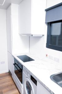 a white kitchen with a sink and a washing machine at Cozy Apartment in Dublin