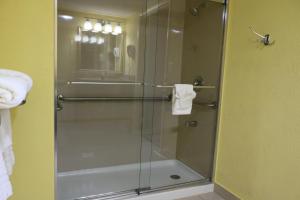 a shower with a glass door in a bathroom at Elkton Lodge - Newark - Elkton University Gateway in Elkton