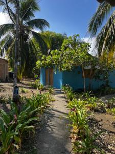 a blue house with palm trees and a pathway at Cabañas Cambaro in Puerto Escondido