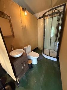 a bathroom with a toilet and a shower at KRITAJNA SAFARi LODGE in Dominical