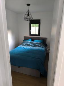 a bedroom with a bed with blue sheets and a window at Studio indépendant face à la forêt in Aureilhan