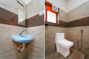 two pictures of a bathroom with a toilet and a sink at Super Hotel O CSIR Pappanamcode Formerly Ambadi Guest House in Poojapura