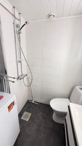 a small bathroom with a toilet and a shower at Top location in Joensuu in Joensuu