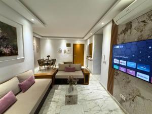a living room with a couch and a flat screen tv at La perle bleue in La Goulette