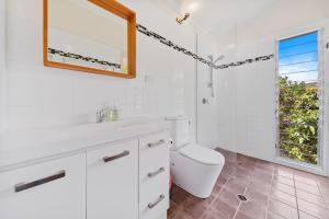 a bathroom with a toilet and a sink and a shower at Dragonflies on Billa in Point Lookout
