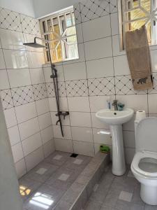 a bathroom with a toilet and a sink at Rainbow Palace Apartment in Sekondi-Takoradi