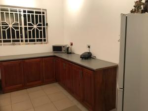 a kitchen with a counter with a microwave and a refrigerator at Rainbow Palace Apartment in Sekondi-Takoradi