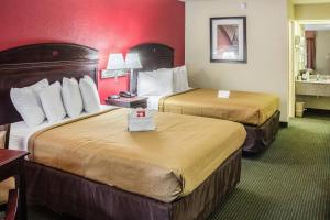 a hotel room with two beds and red walls at Econo Lodge Palm Coast Central in Palm Coast +25 photos