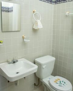 a bathroom with a white toilet and a sink at Hacienda Casa de Piedra in Tlacolula de Matamoros