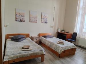 ein Schlafzimmer mit zwei Betten und einem Schreibtisch in der Unterkunft Hotel Ludza in Ludza + 39 Fotos