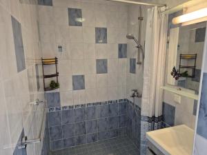 a bathroom with a shower and a sink at Mäe Apartment in Tartu