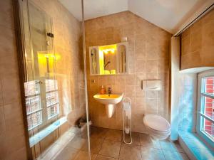 a bathroom with a sink and a toilet and a shower at Exempel Schlafstuben und Quartier Langer Hals in Tangermünde +65 photos