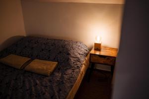 a bedroom with a bed and a night stand with a lamp at Kajaki wino i śpiew - domek z sauną w otoczeniu lasów i sąsiedztwie zalewu in Zakrzówek Szlachecki