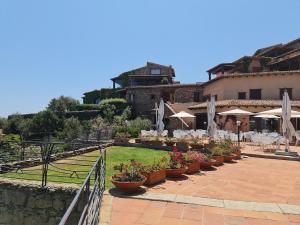 a courtyard with potted plants and umbrellas at Casa Bruna in San Teodoro