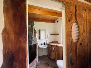 a bathroom with a sink and a toilet in a room at Domek nad Wiarem in Huwniki