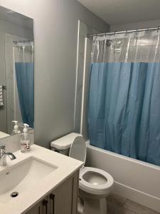 ein Badezimmer mit Toilette und blauem Duschvorhang in der Unterkunft Authentic Suite - New Cozy 1 BR 1 Bath, 2 Guest in  + 11 Fotos