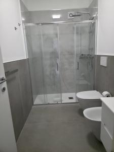 a bathroom with a shower and a toilet and a sink at Moonlight Apartment in Schisò