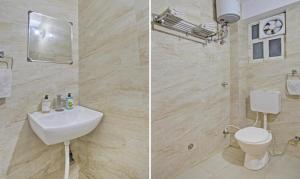 two pictures of a bathroom with a sink and a toilet at Hotel Rama Hindustani in Jaipur +13 photos
