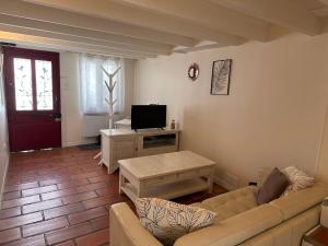 a living room with a couch and a tv at La Saline in Aigues-Mortes
