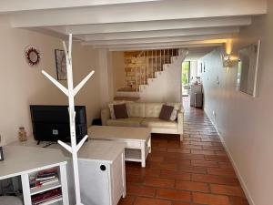 a living room with a couch and a television at La Saline in Aigues-Mortes
