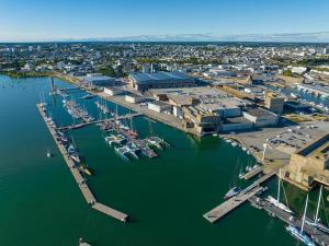 an aerial view of a marina with boats in the water at Chambre d'Hôtes à Bopérec in Nostang