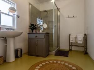a bathroom with a shower and a sink and a mirror at Julie's Cottage in Riebeek-Kasteel