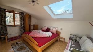 a bedroom with a bed with pink sheets and a window at Alpin-Check-in in Reutte