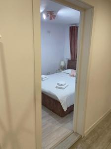 a bedroom with a bed and a mirror at Lad Petite Maison in Craiova