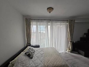 a bedroom with a bed and a large window at Apartment Pasha in Pržno +3 photos