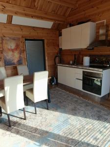 a kitchen with a table and chairs in a cabin at Holzhaus Riegersburg in Riegersburg