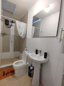 a bathroom with a toilet and a sink and a mirror at Maruri Valentino apartment in Cusco +23 photos