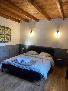 a bedroom with a bed in a room with wooden ceilings at La Ferme du Gorgin in Innimond