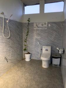 a bathroom with a toilet and a potted plant at Homestay tay in Xã Trảng Bôm