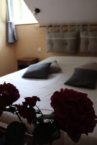 a bedroom with a bed with red flowers on it at La Table de Gabin in Saint-Léonard