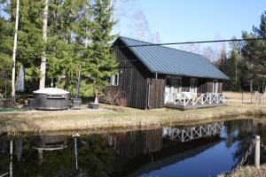 a cabin next to a body of water at Berzlejas 3 in Upesgrīva