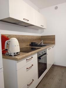 a kitchen with white cabinets and a mixer on a counter at Le Bredele in Riquewihr