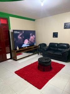 a living room with a black couch and a red rug at Guest House da Amazônia in Manaus