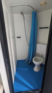 a bathroom with a toilet and a blue shower curtain at Chambre quadruple in Lully